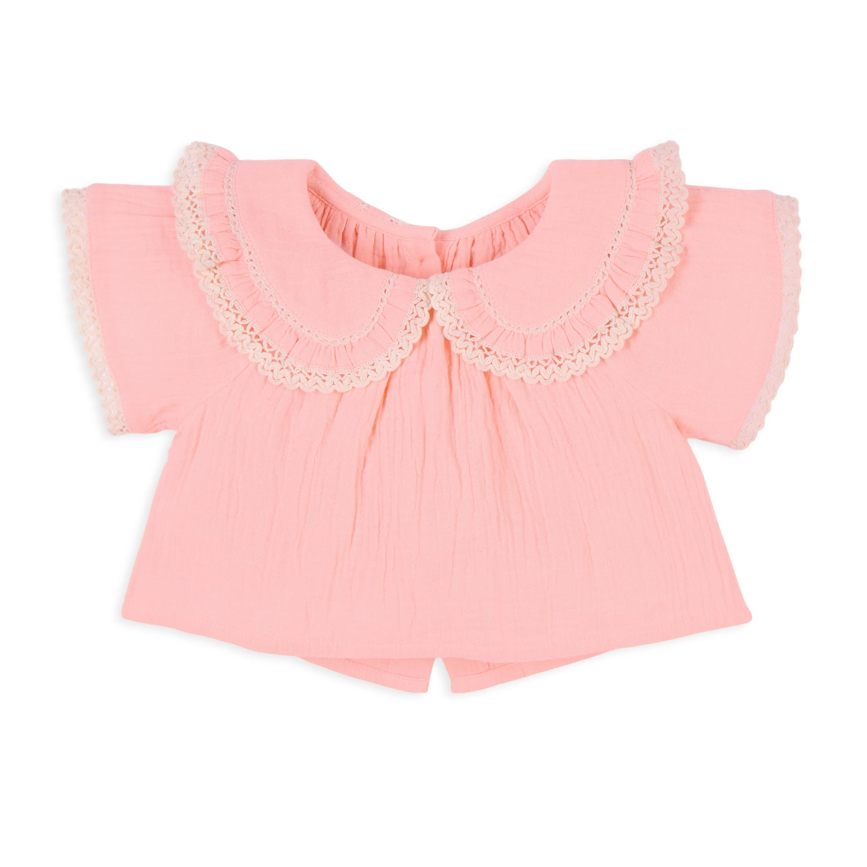 Peony Double Cloth Top with Crochet Lace Detail & Peter Pan Collar - Peach