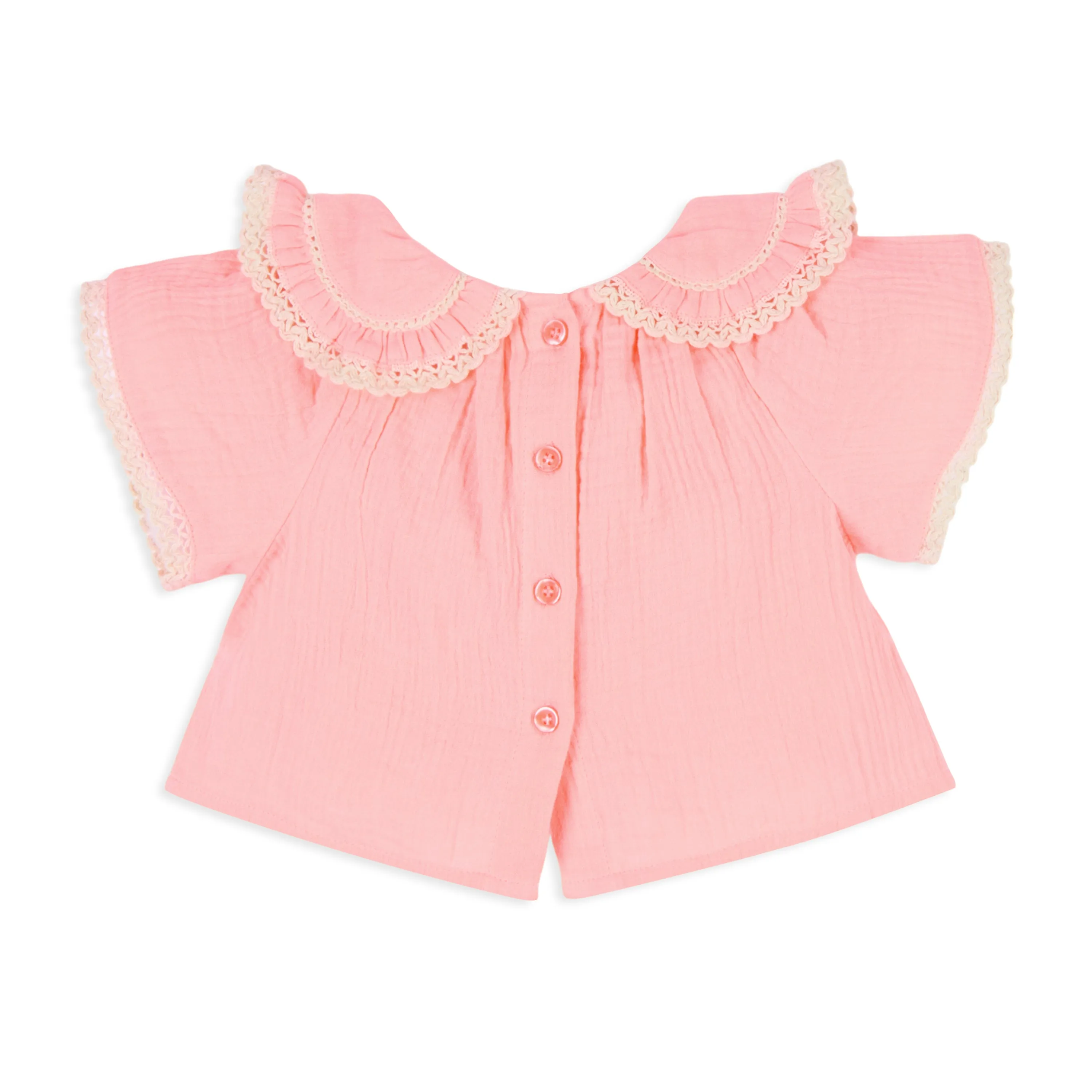 Peony Double Cloth Top with Crochet Lace Detail & Peter Pan Collar - Peach