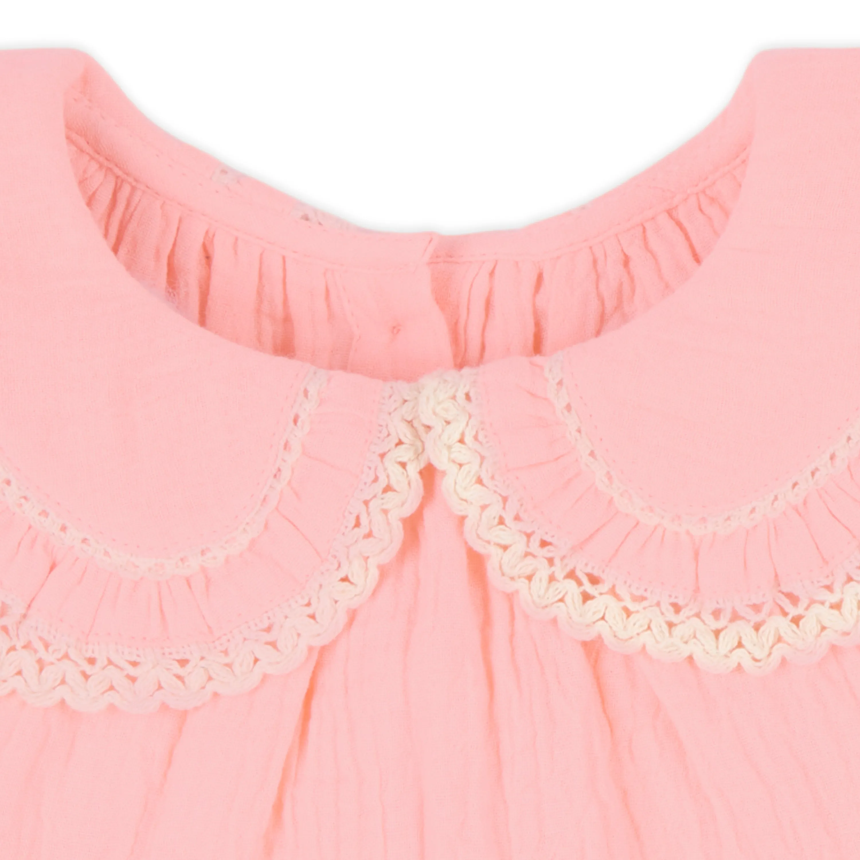 Peony Double Cloth Top with Crochet Lace Detail & Peter Pan Collar - Peach