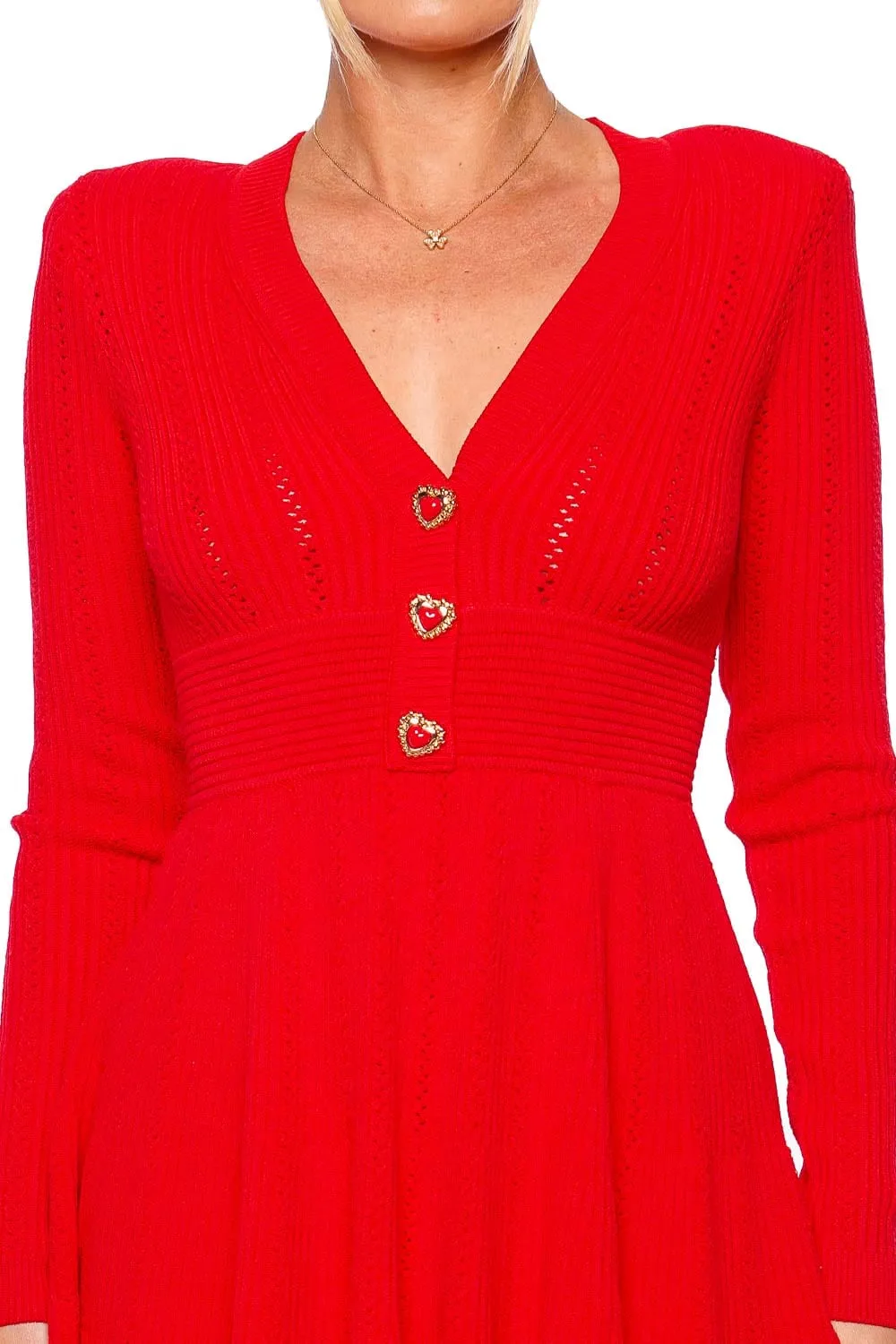 Red Pointelle Knit Long Sleeve Mini Dress