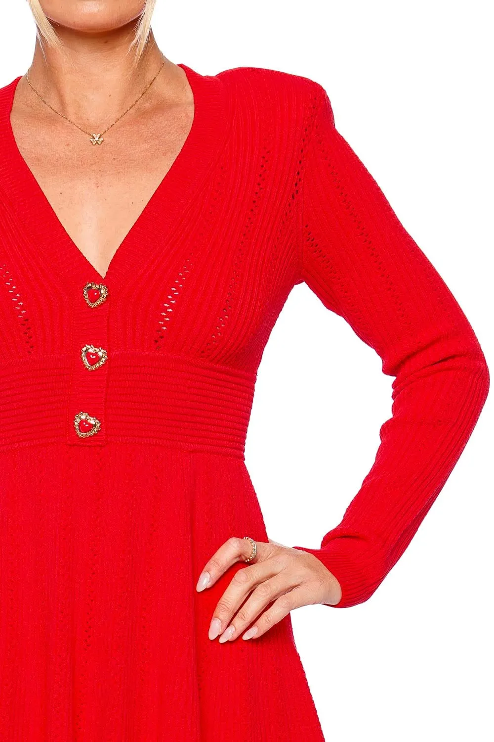 Red Pointelle Knit Long Sleeve Mini Dress