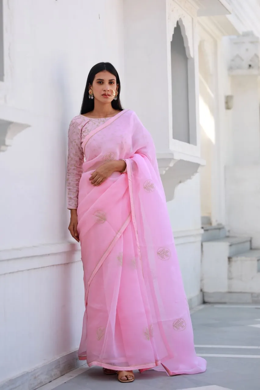 Shreeja pink viscose silk organza saree
