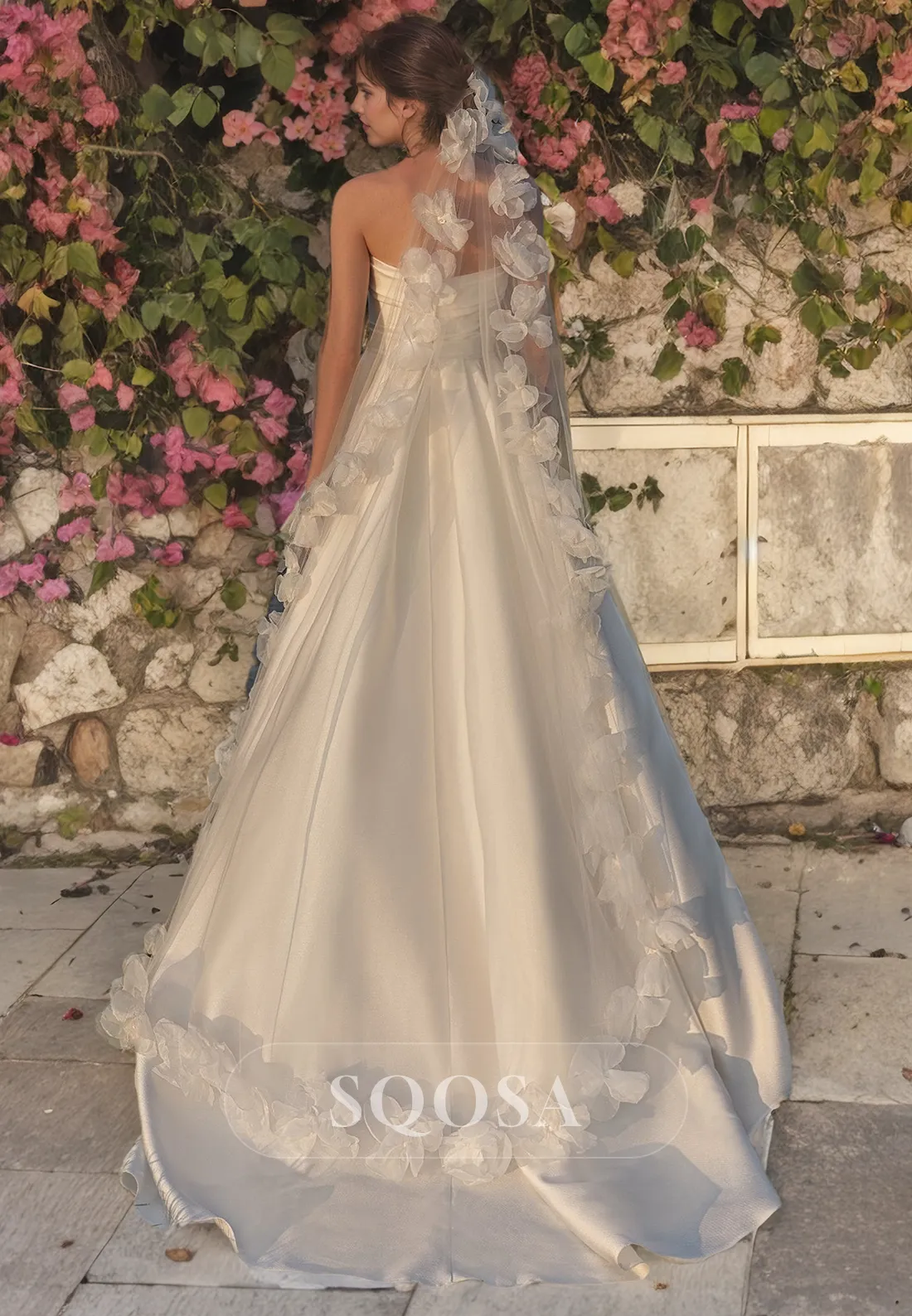 Simple A-Line Tube Top Strapless Sleeveless Pleated Satin Wedding Dress with Slit