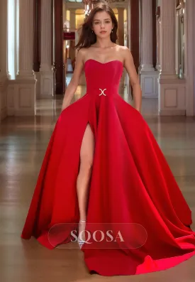 Simple Sweetheart A-Line Sleeveless High Slit Prom Dress Train Formal Gowns with Belt