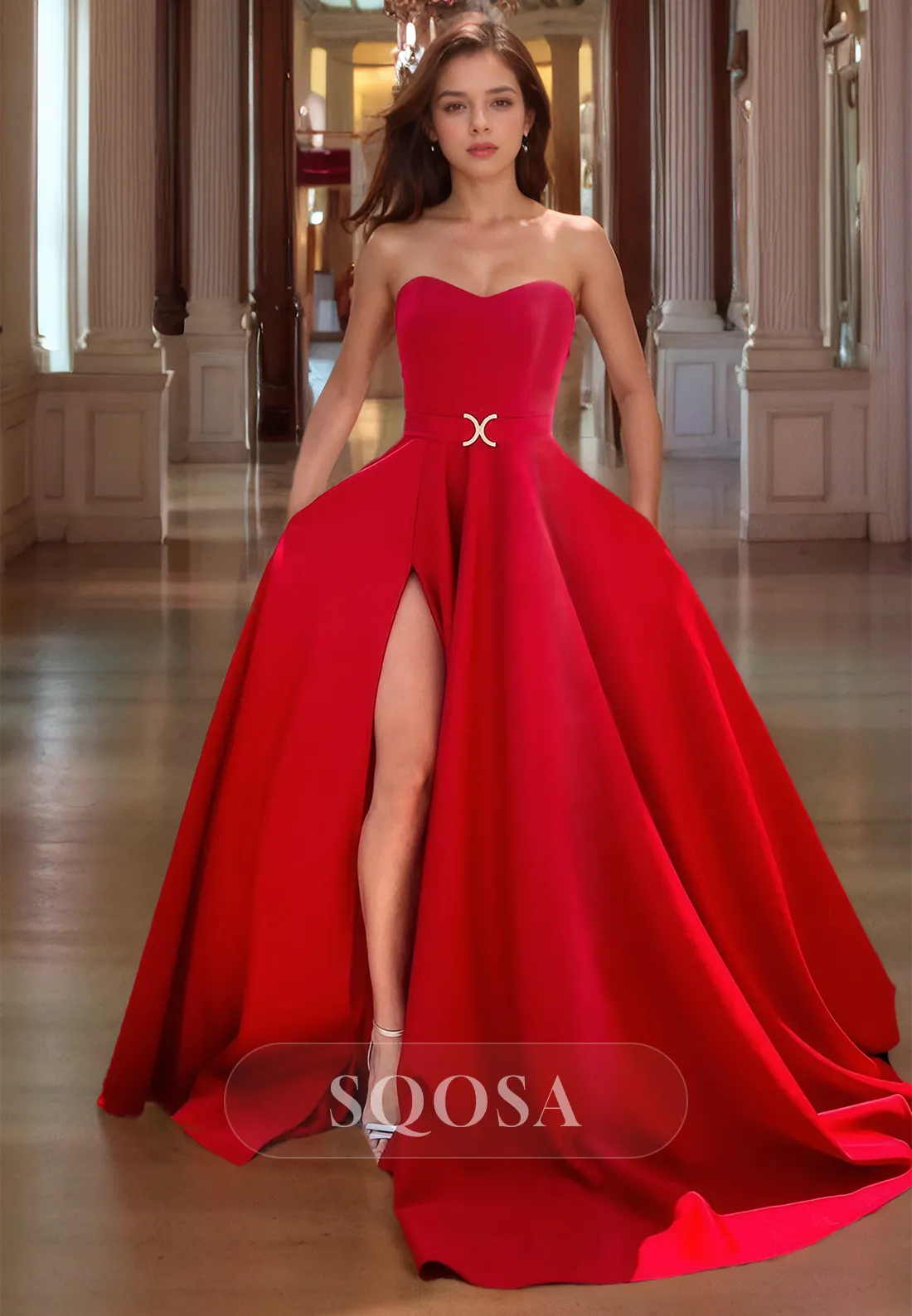 Simple Sweetheart A-Line Sleeveless High Slit Prom Dress Train Formal Gowns with Belt