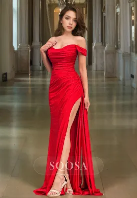 Sleeveless Sweetheart Glitter-Knit Prom Dress Pleated Sweep Train High Slit Formal Gowns