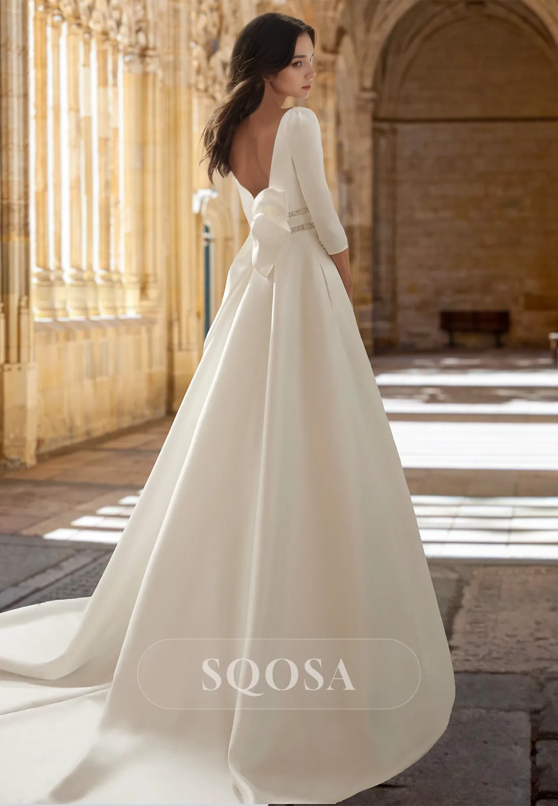 Square-Neck Long-Sleeves Beaded Pleated Train Satin A-Line Wedding Dress with High Slit