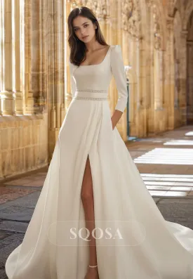 Square-Neck Long-Sleeves Beaded Pleated Train Satin A-Line Wedding Dress with High Slit