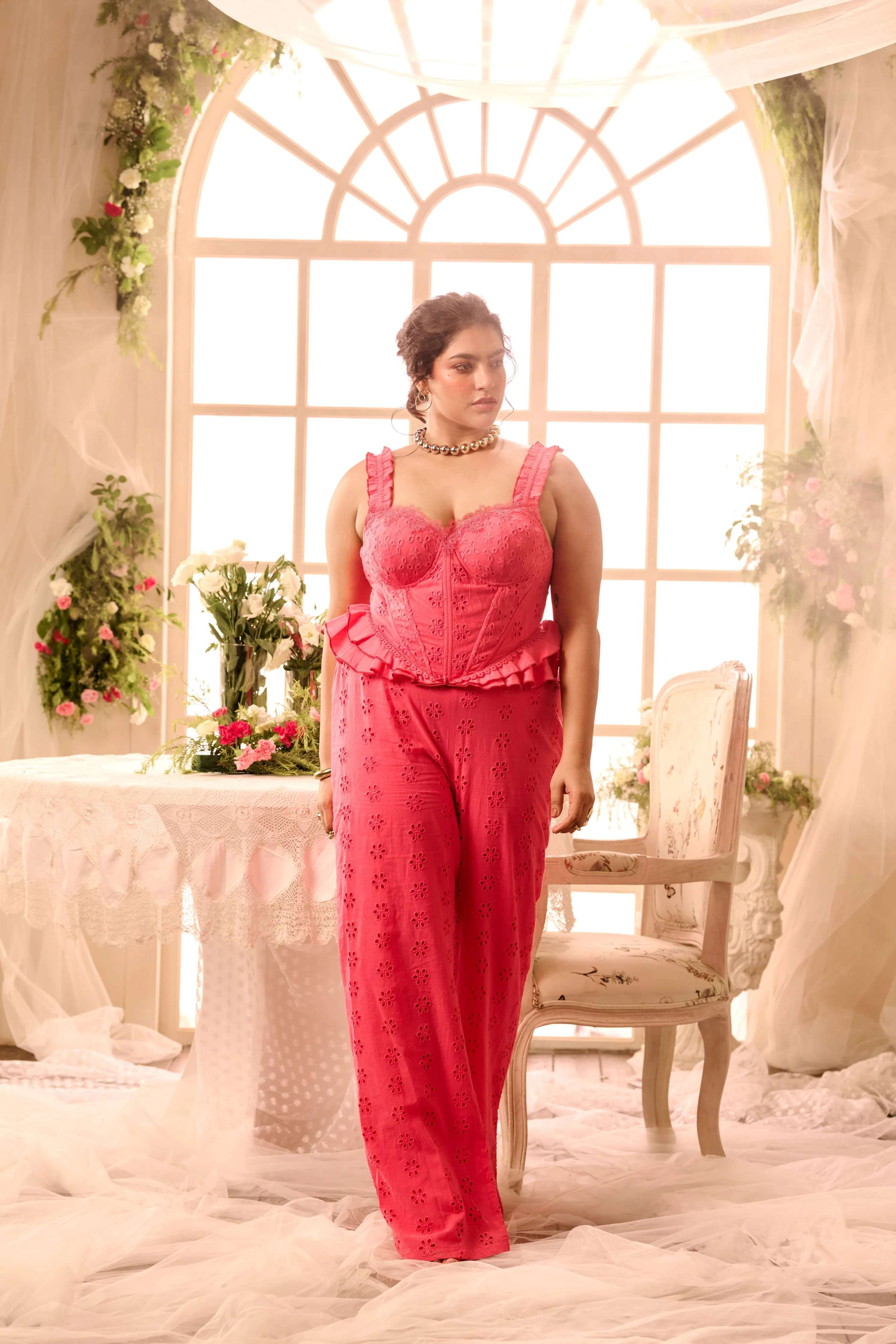Taiga Pink Schiffli Corset   Pant Coord Set