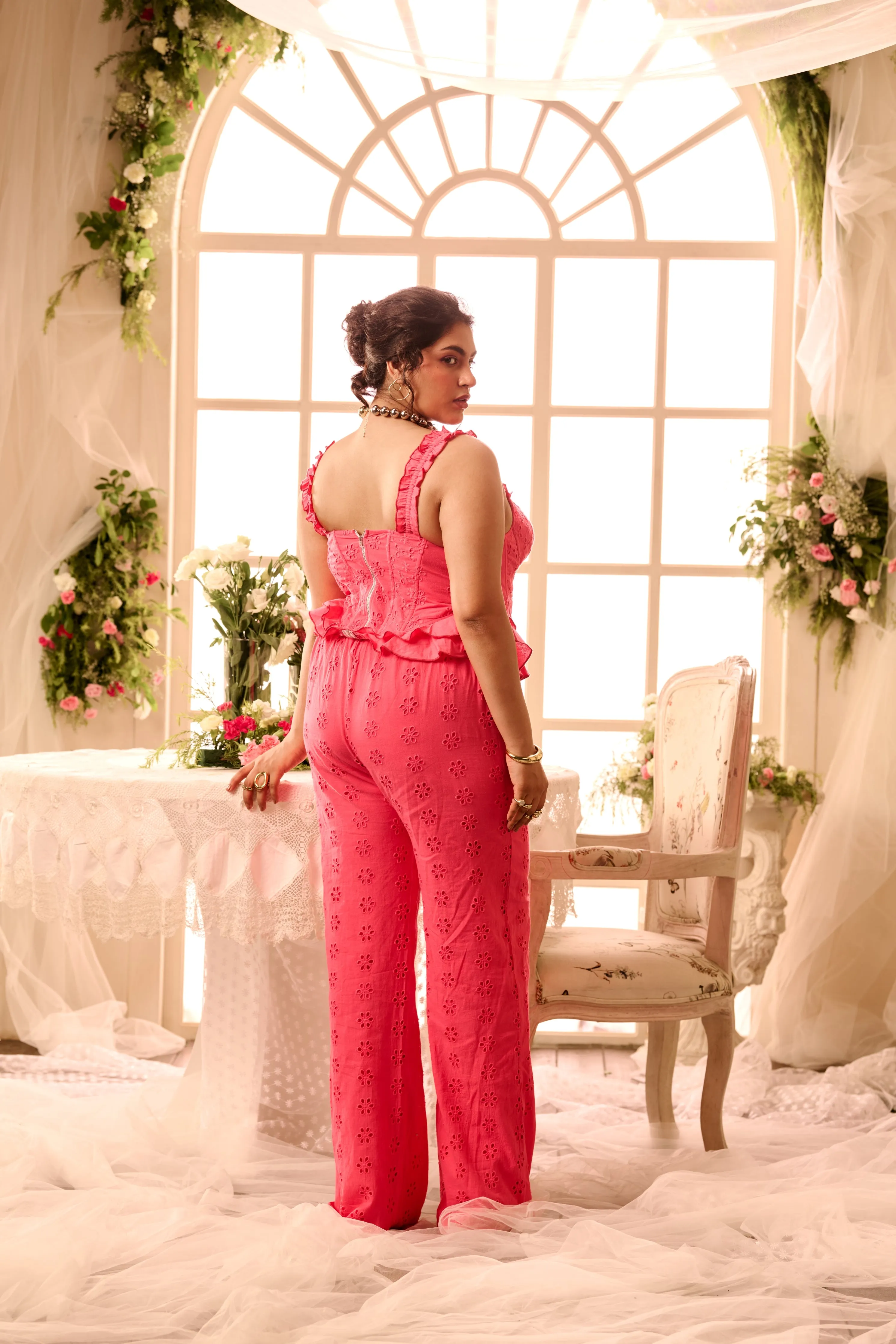 Taiga Pink Schiffli Corset   Pant Coord Set