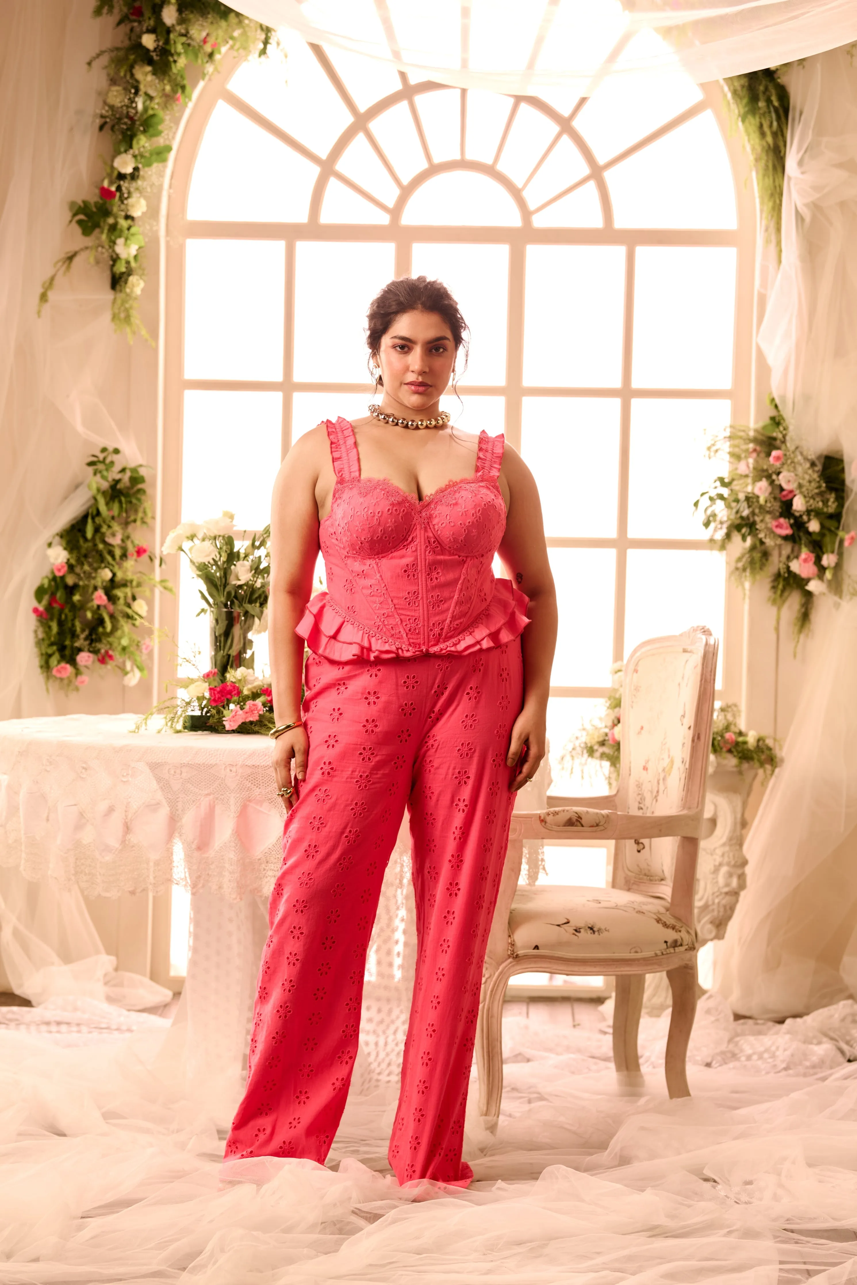 Taiga Pink Schiffli Corset   Pant Coord Set