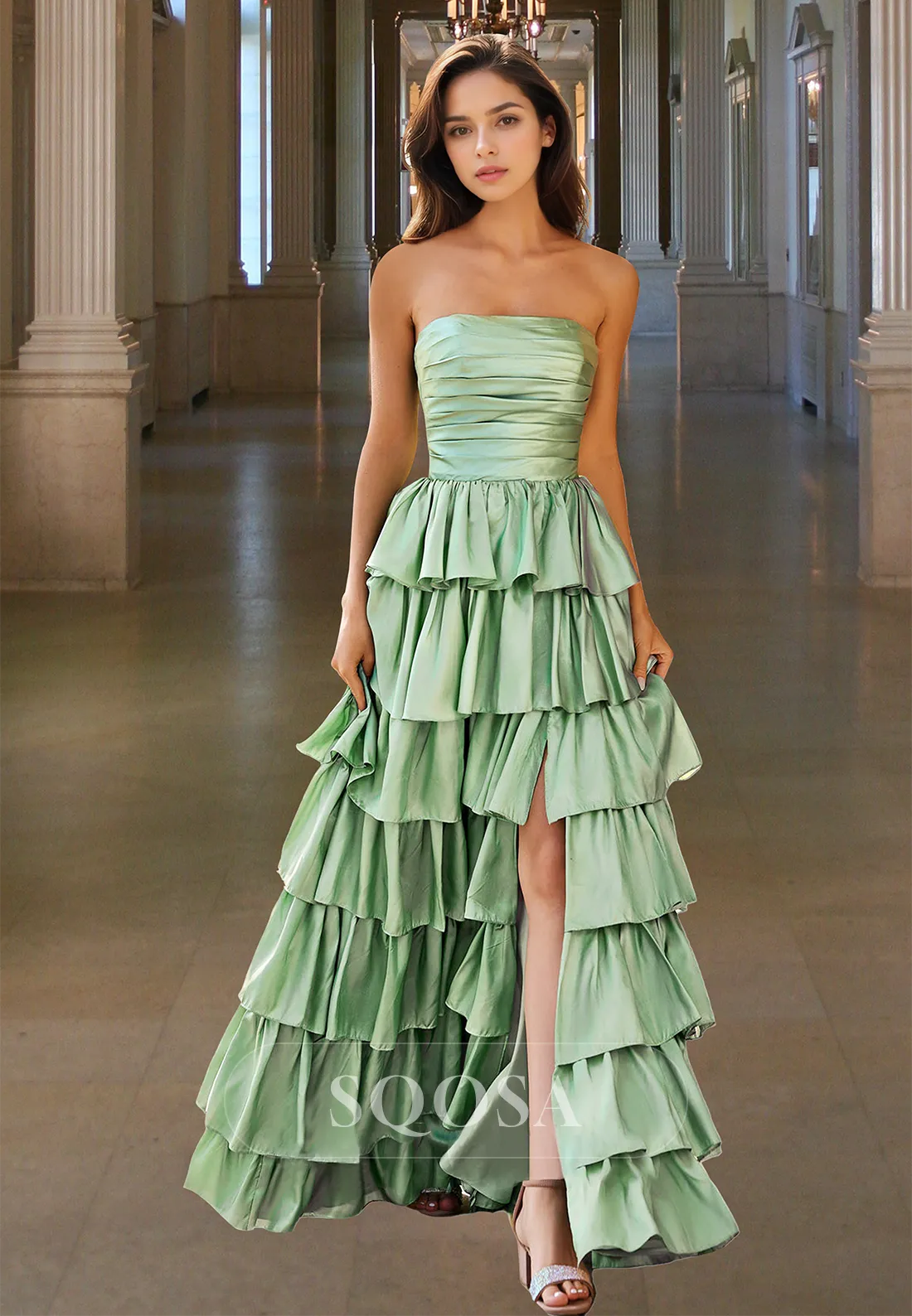Tube Top Sleeveless Pleated A-Line Prom Dress Off-Shoulder Tiered Evening Gowns with High Slit