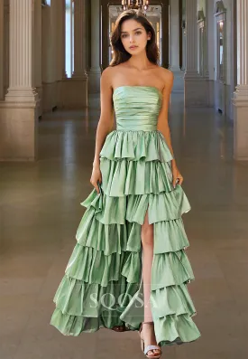 Tube Top Sleeveless Pleated A-Line Prom Dress Off-Shoulder Tiered Evening Gowns with High Slit