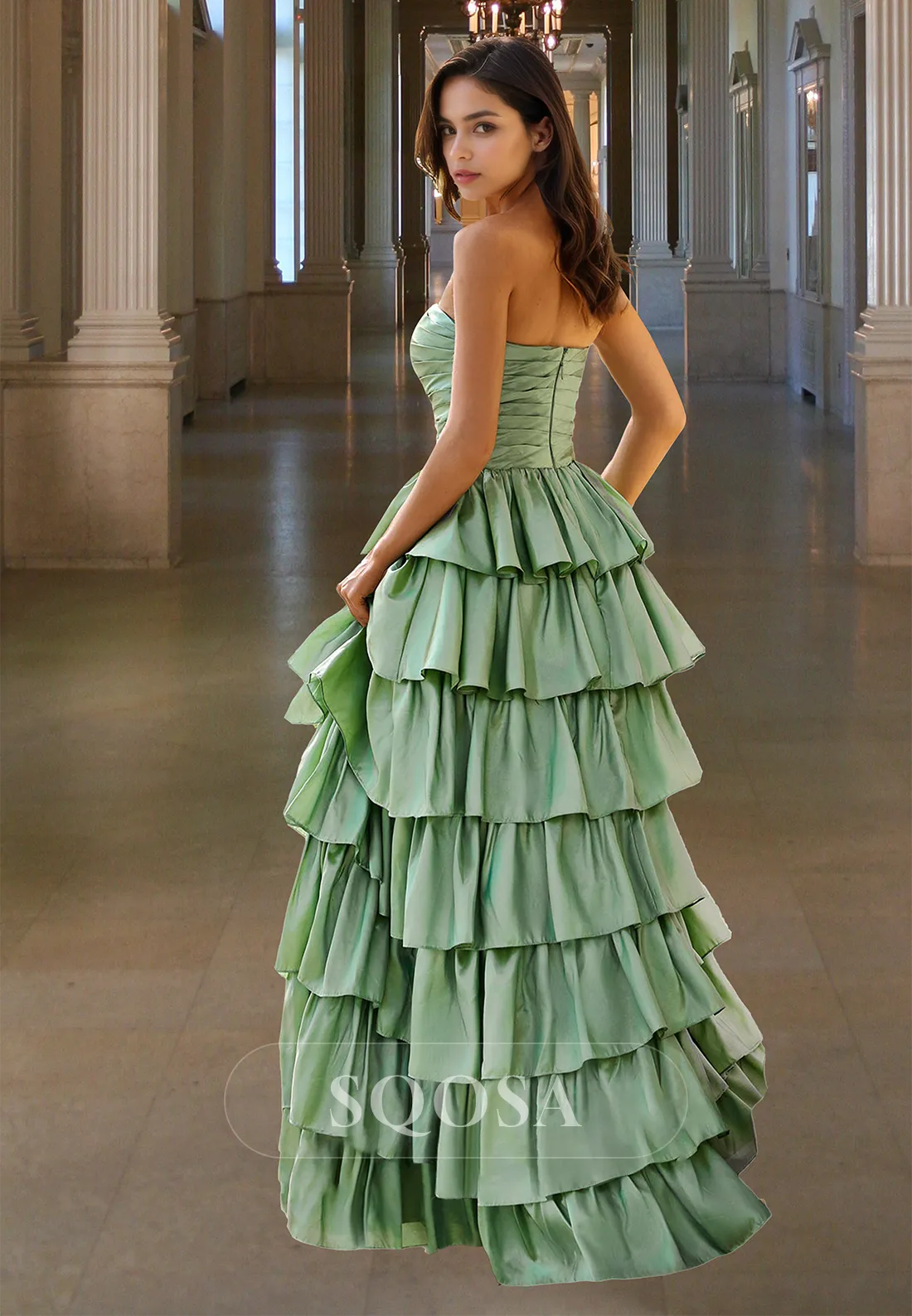 Tube Top Sleeveless Pleated A-Line Prom Dress Off-Shoulder Tiered Evening Gowns with High Slit