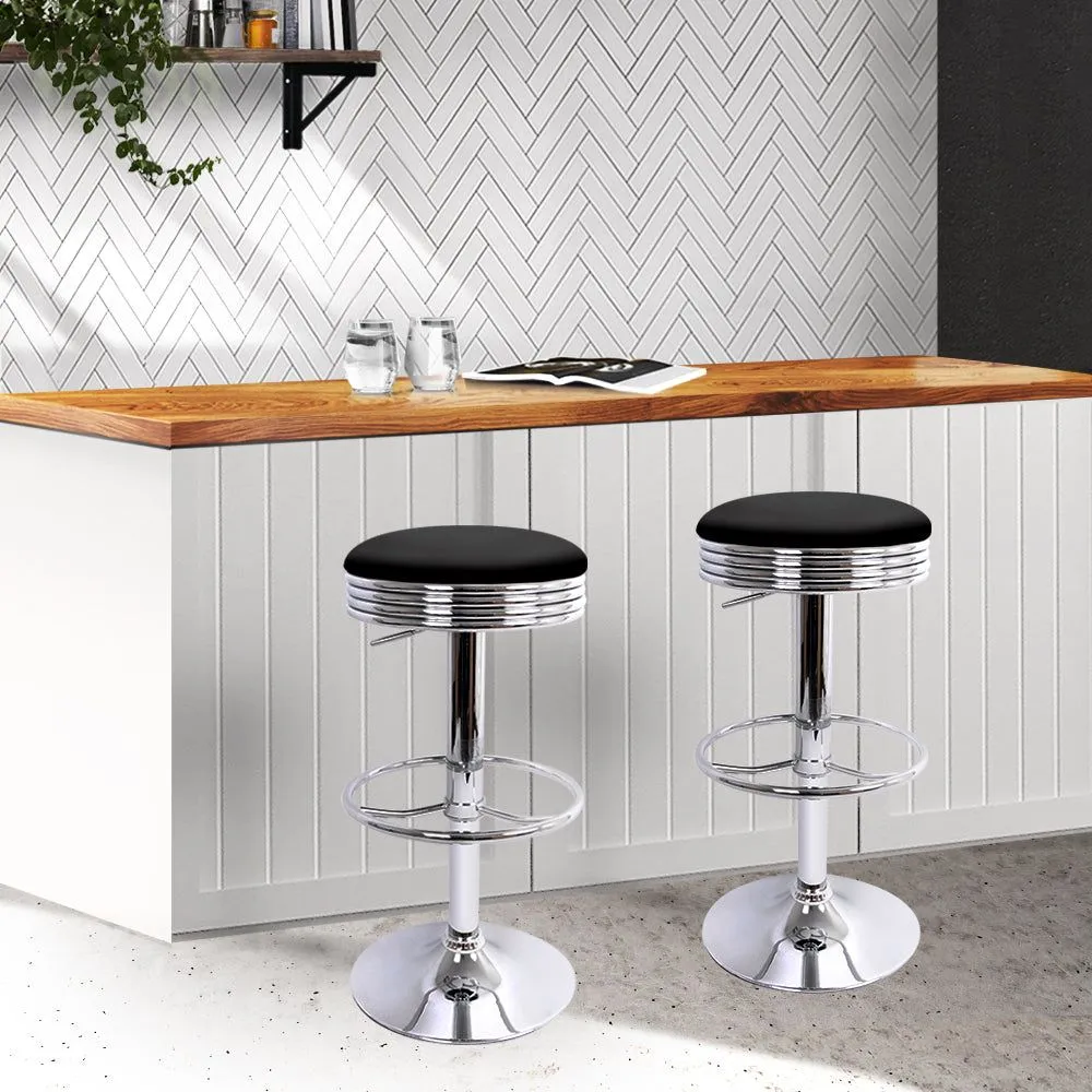 Two Backless PU Leather Bar Stools - Black and Chrome