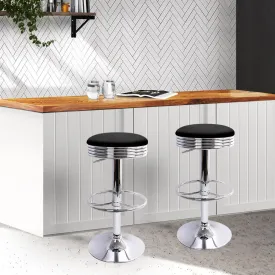 Two Backless PU Leather Bar Stools - Black and Chrome