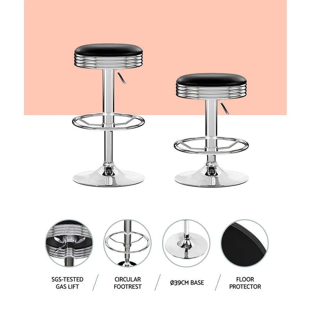 Two Backless PU Leather Bar Stools - Black and Chrome