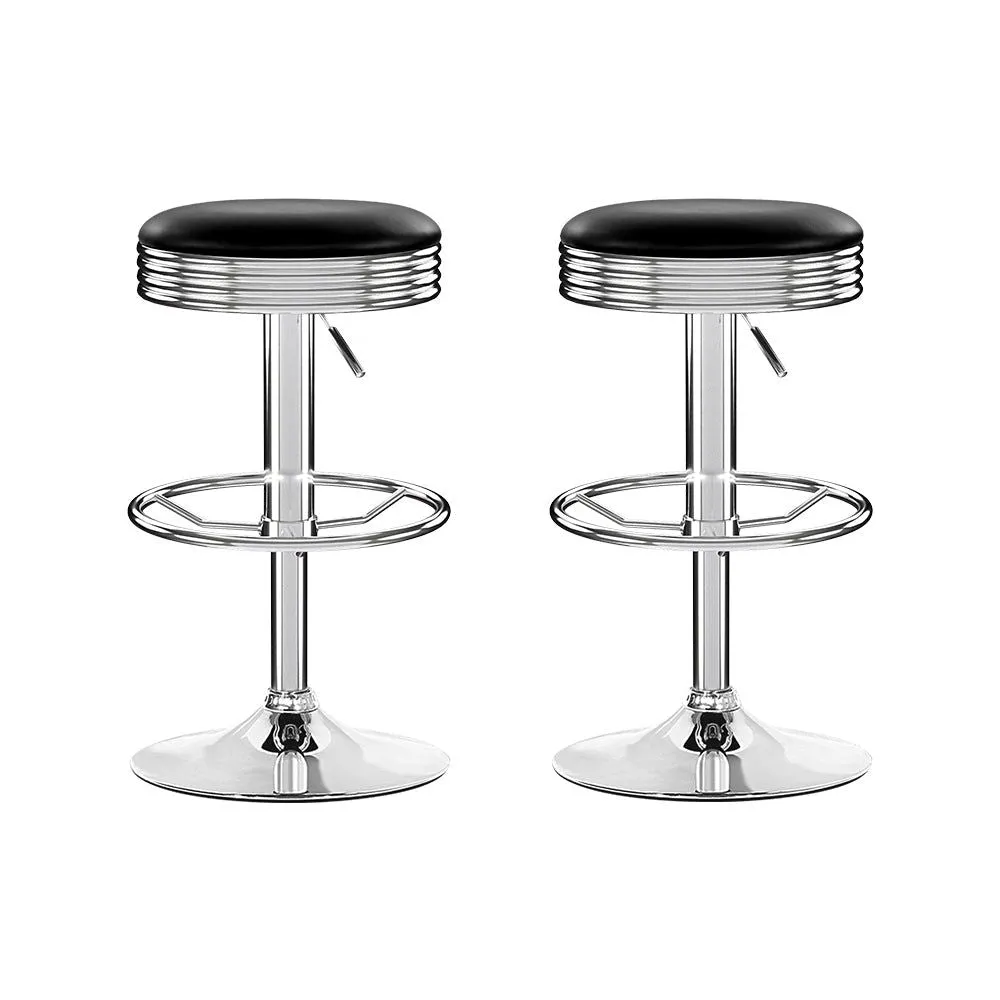 Two Backless PU Leather Bar Stools - Black and Chrome