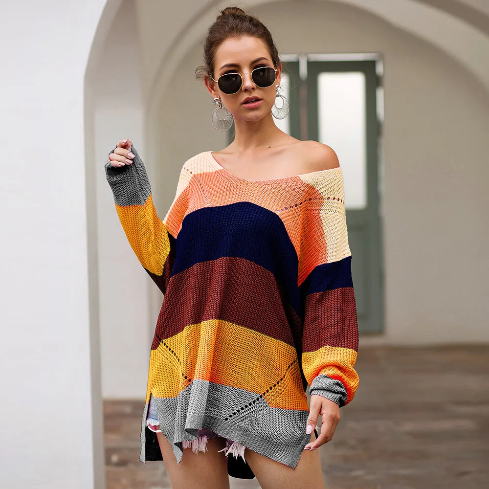 V Neck Color Block Striped Sweater