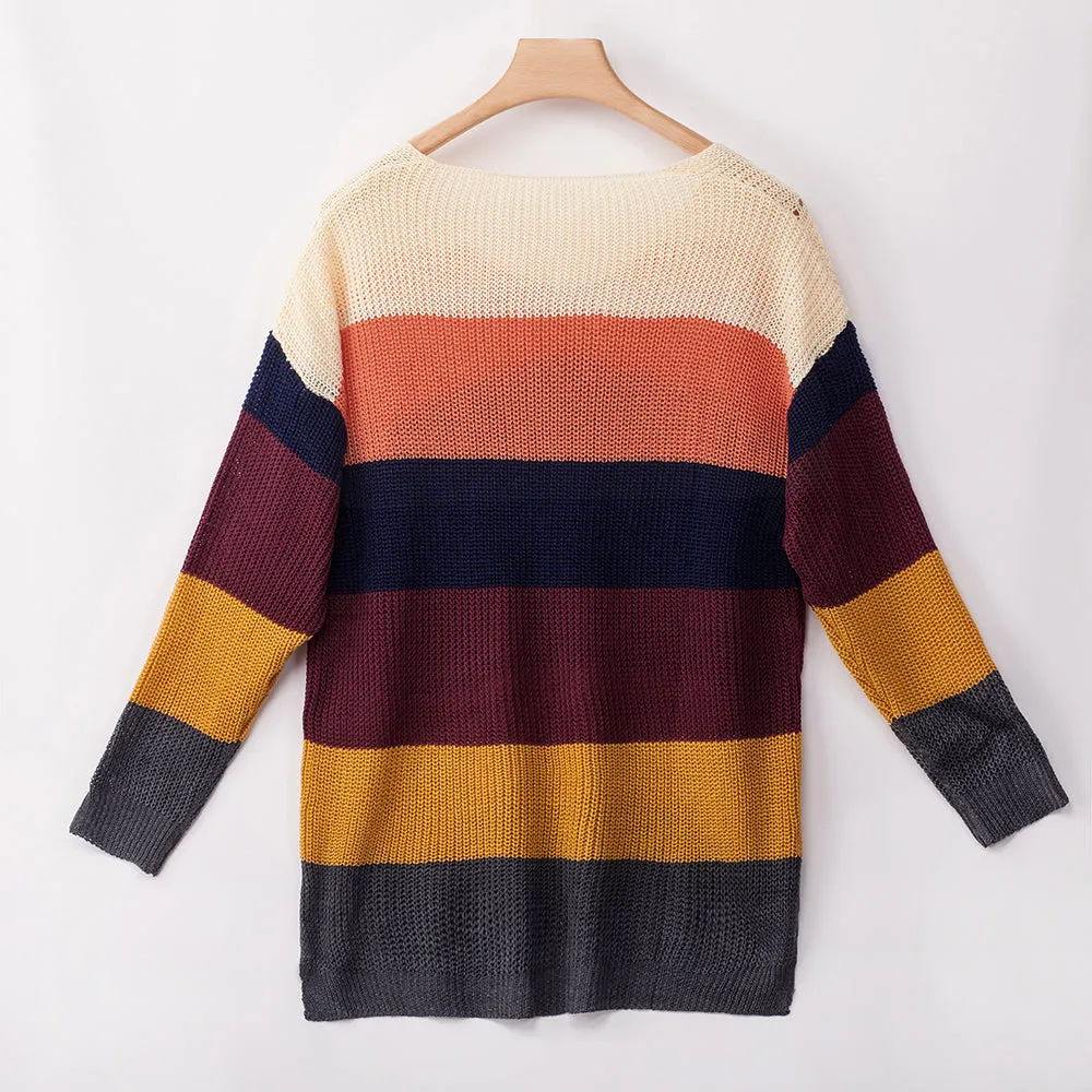 V Neck Color Block Striped Sweater
