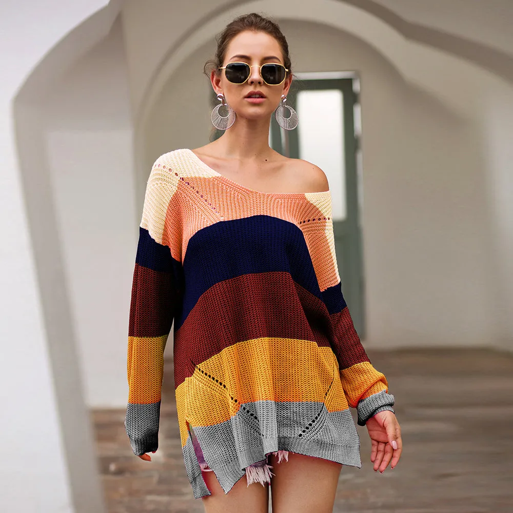 V Neck Color Block Striped Sweater