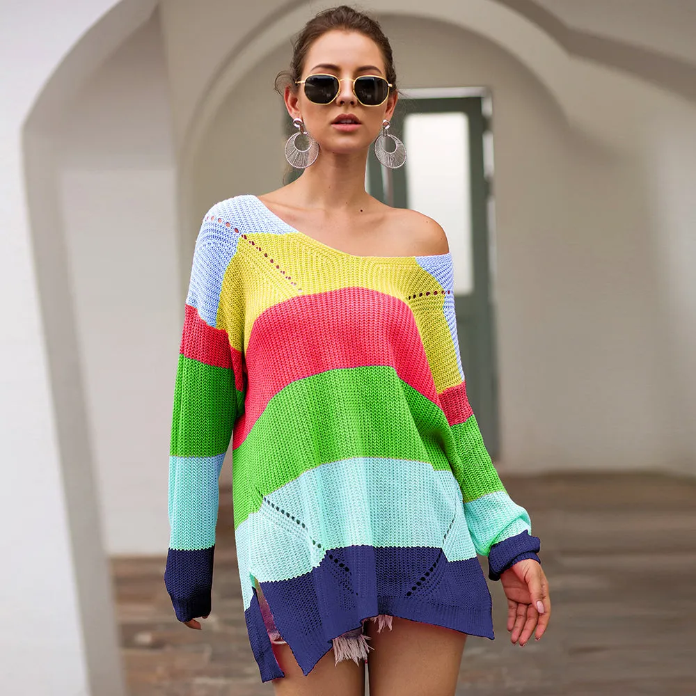 V Neck Color Block Striped Sweater