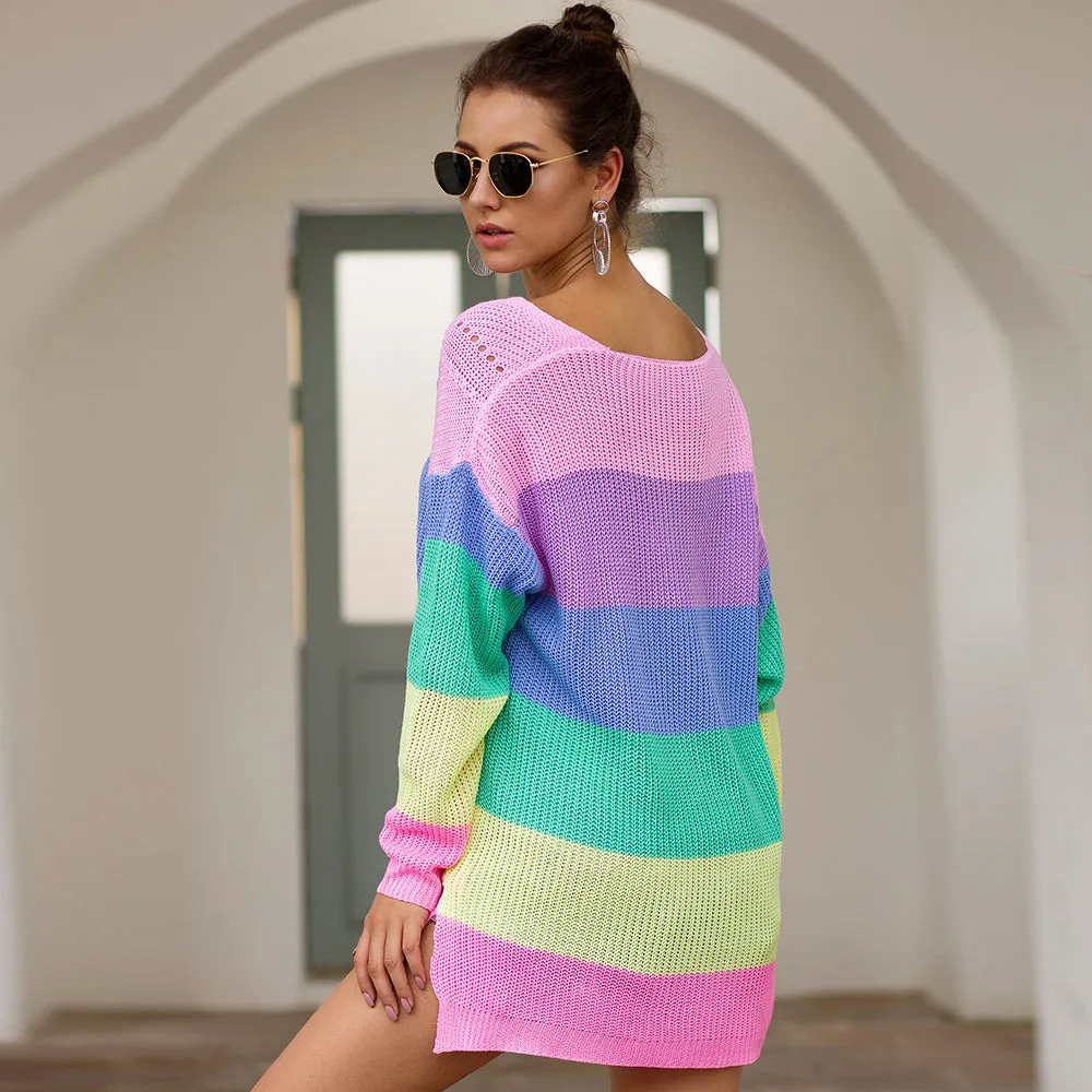 V Neck Color Block Striped Sweater