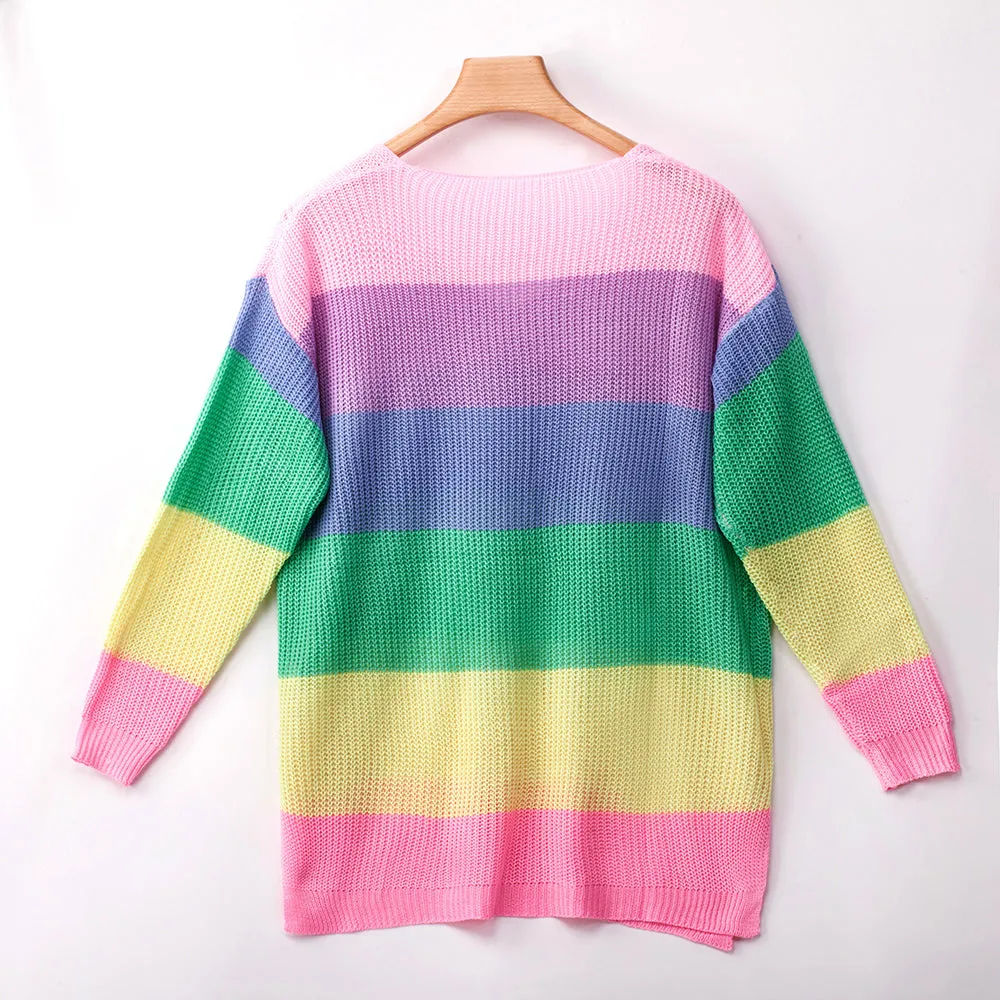 V Neck Color Block Striped Sweater