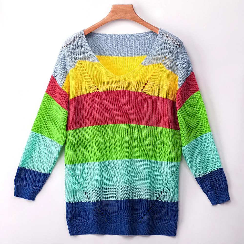 V Neck Color Block Striped Sweater