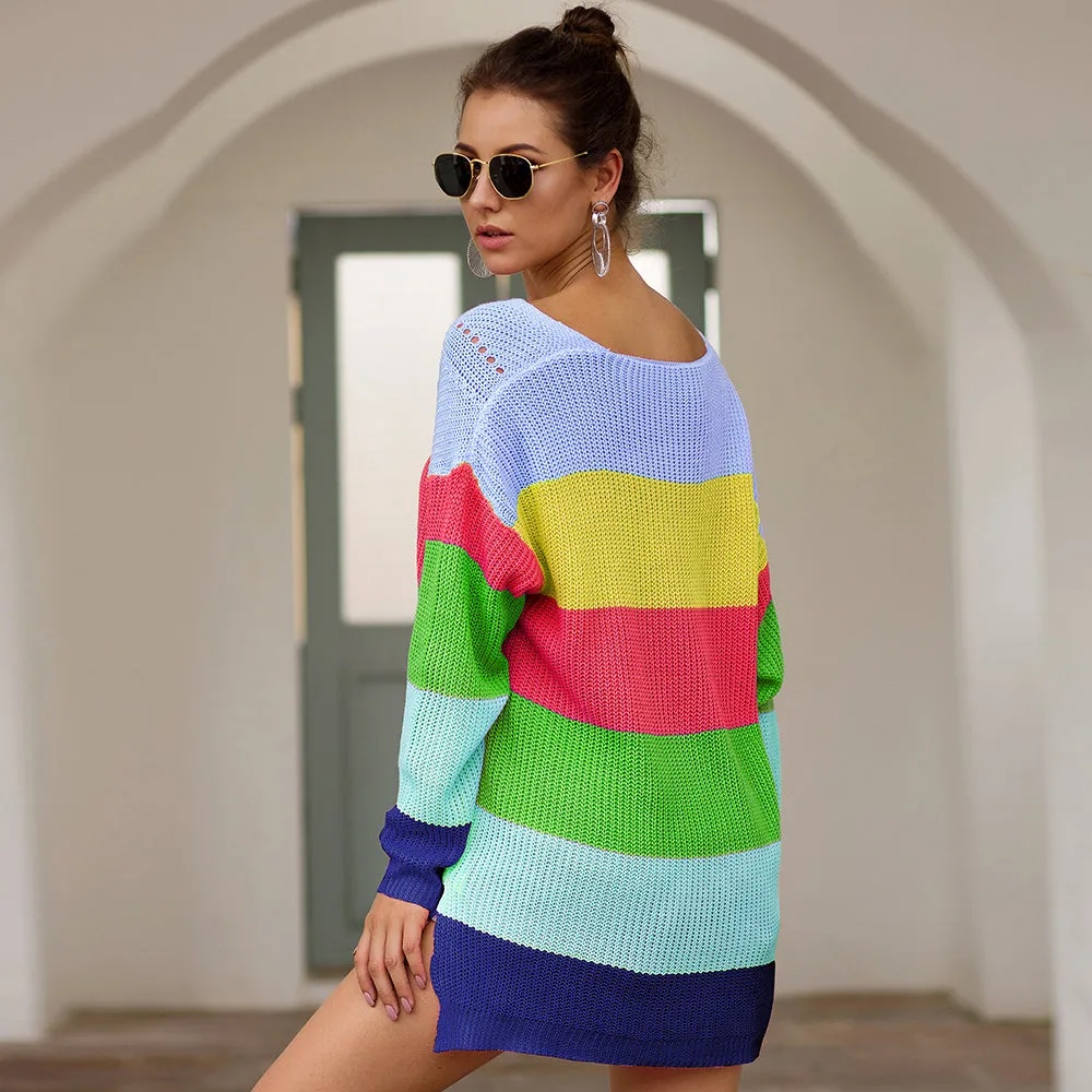 V Neck Color Block Striped Sweater
