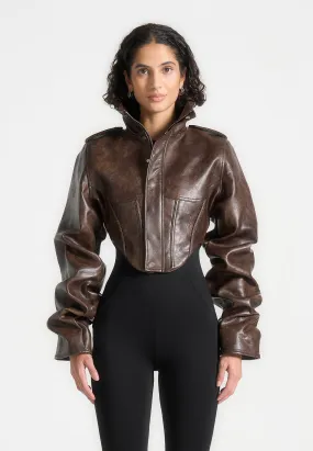 Brown Vintage Leather Tacked Corset Jacket with Sleeve Detail